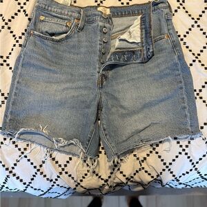High-Waist Light Blue Frayed Denim Shorts